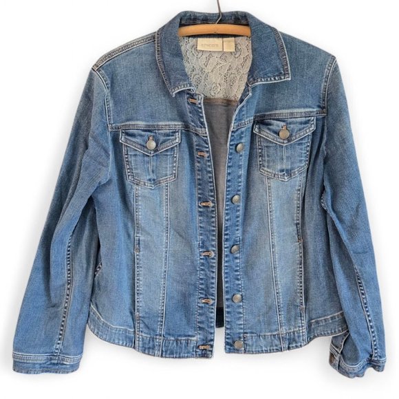 Chico's Jackets & Blazers - Chicos Size 2 Womens Medium Blue Denim Jacket Rounded Hem Lace Detail